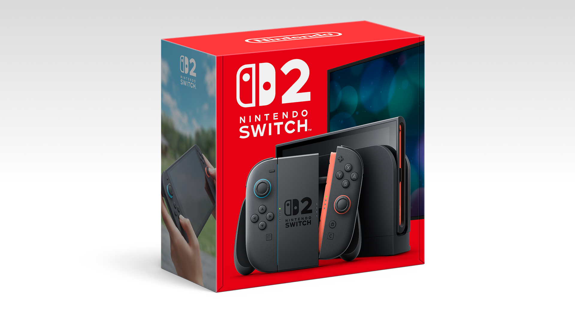 Nintendo Switch 2 console, controllers, dock, and retail box